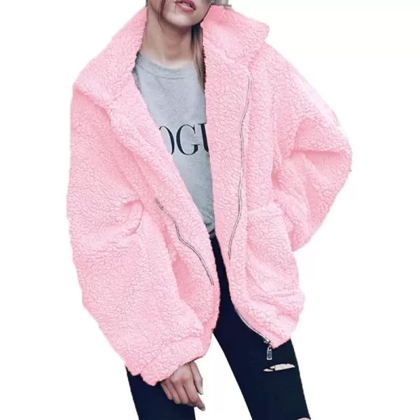 imagePRETTYGARDEN Womens 2023 Fashion Winter Coat Long Sleeve Lapel Zip Up Faux Shearling Shaggy Oversized Shacket JacketPink