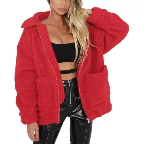 imagePRETTYGARDEN Womens 2023 Fashion Winter Coat Long Sleeve Lapel Zip Up Faux Shearling Shaggy Oversized Shacket JacketRed