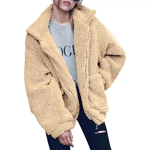 imagePRETTYGARDEN Womens 2023 Fashion Winter Coat Long Sleeve Lapel Zip Up Faux Shearling Shaggy Oversized Shacket JacketStyle One Apricot