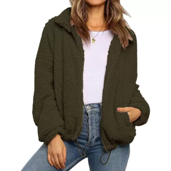 imagePRETTYGARDEN Womens 2023 Fashion Winter Coat Long Sleeve Lapel Zip Up Faux Shearling Shaggy Oversized Shacket JacketStyle One Army Green