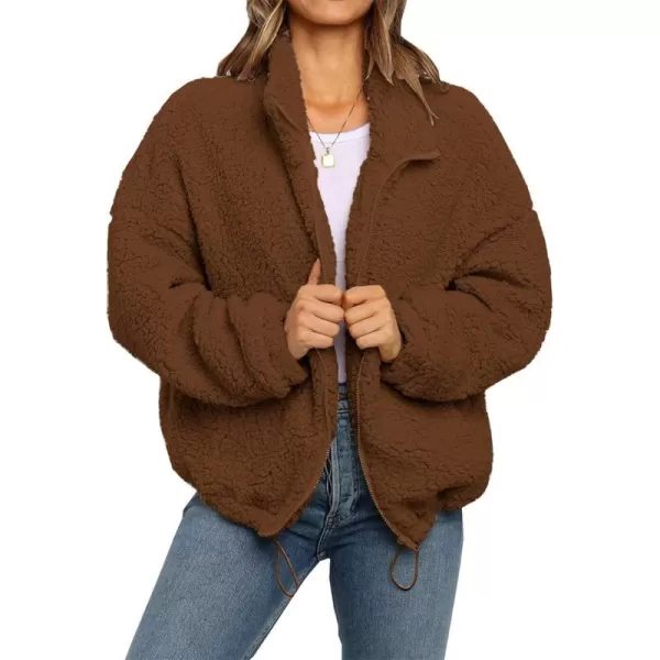 imagePRETTYGARDEN Womens 2023 Fashion Winter Coat Long Sleeve Lapel Zip Up Faux Shearling Shaggy Oversized Shacket JacketStyle One Coffee