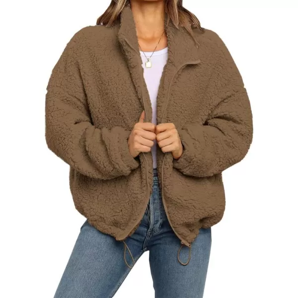 imagePRETTYGARDEN Womens 2023 Fashion Winter Coat Long Sleeve Lapel Zip Up Faux Shearling Shaggy Oversized Shacket JacketStyle One Khaki