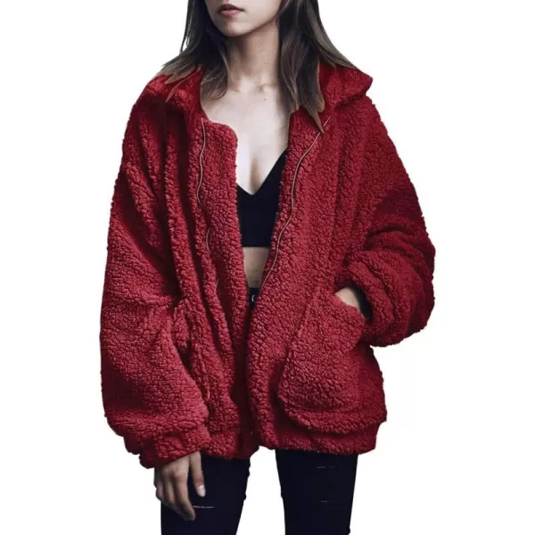 imagePRETTYGARDEN Womens 2023 Fashion Winter Coat Long Sleeve Lapel Zip Up Faux Shearling Shaggy Oversized Shacket JacketWine Red