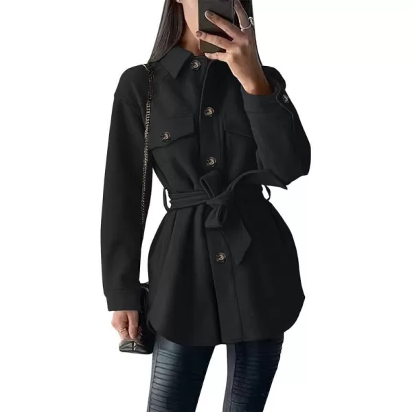 imagePRETTYGARDEN Womens 2023 Fashion Winter Trench Coats Lapel Button Down Peacoat Belted Outwear Casual JacketsBlack
