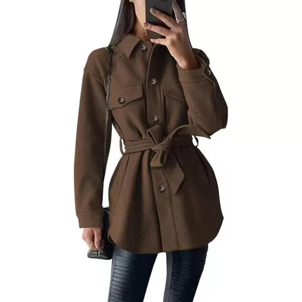imagePRETTYGARDEN Womens 2023 Fashion Winter Trench Coats Lapel Button Down Peacoat Belted Outwear Casual JacketsCoffee