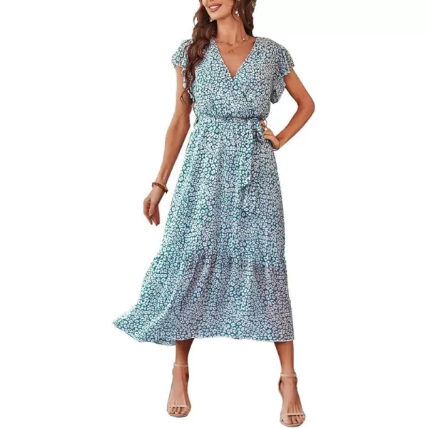 imagePRETTYGARDEN Womens 2023 Floral Boho Dress Wrap V Neck Short Sleeve Belted Ruffle Hem ALine Flowy Maxi DressesDark Blue