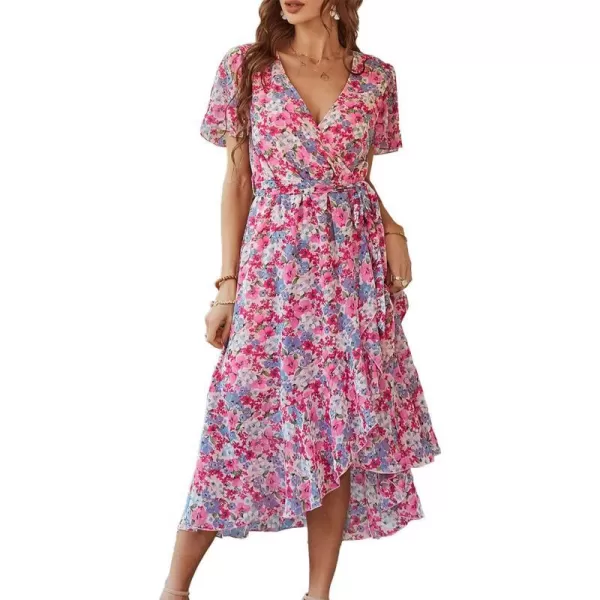 imagePRETTYGARDEN Womens 2023 Floral Boho Dress Wrap V Neck Short Sleeve Belted Ruffle Hem ALine Flowy Maxi DressesPink Floral