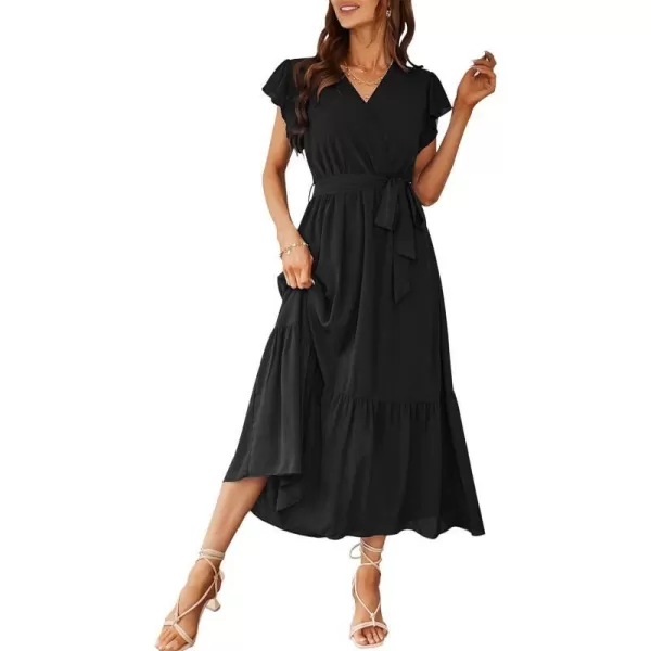 imagePRETTYGARDEN Womens 2023 Floral Boho Dress Wrap V Neck Short Sleeve Belted Ruffle Hem ALine Flowy Maxi DressesSolid Black