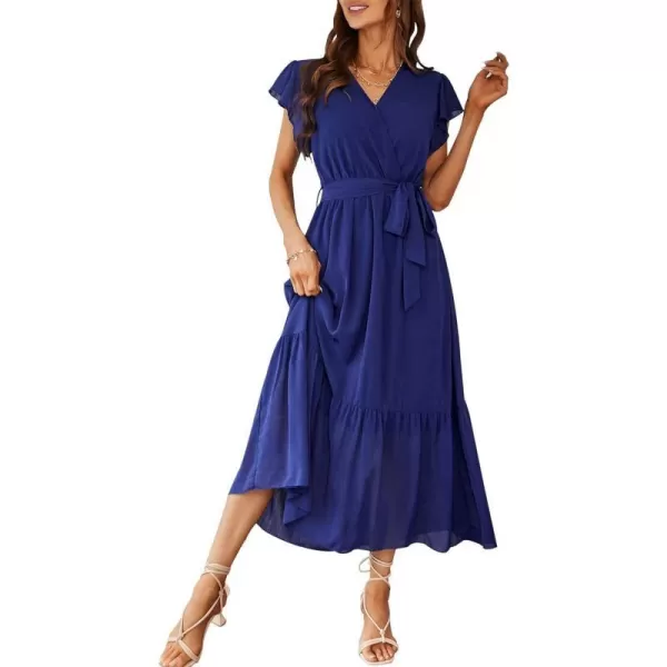 imagePRETTYGARDEN Womens 2023 Floral Boho Dress Wrap V Neck Short Sleeve Belted Ruffle Hem ALine Flowy Maxi DressesSolid Blue