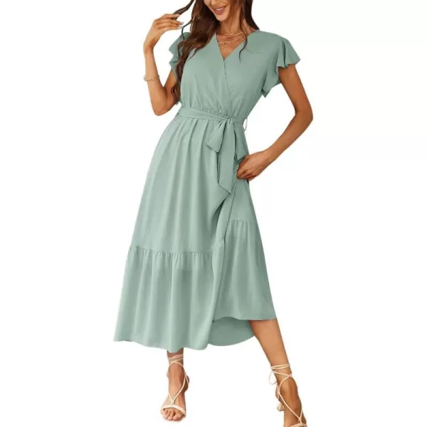 imagePRETTYGARDEN Womens 2023 Floral Boho Dress Wrap V Neck Short Sleeve Belted Ruffle Hem ALine Flowy Maxi DressesSolid Green