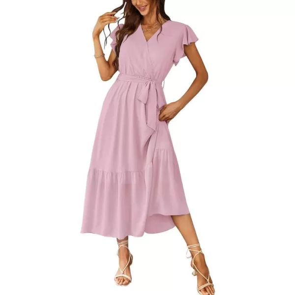 imagePRETTYGARDEN Womens 2023 Floral Boho Dress Wrap V Neck Short Sleeve Belted Ruffle Hem ALine Flowy Maxi DressesSolid Pink