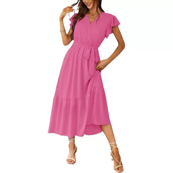 imagePRETTYGARDEN Womens 2023 Floral Boho Dress Wrap V Neck Short Sleeve Belted Ruffle Hem ALine Flowy Maxi DressesSolid Rose Red