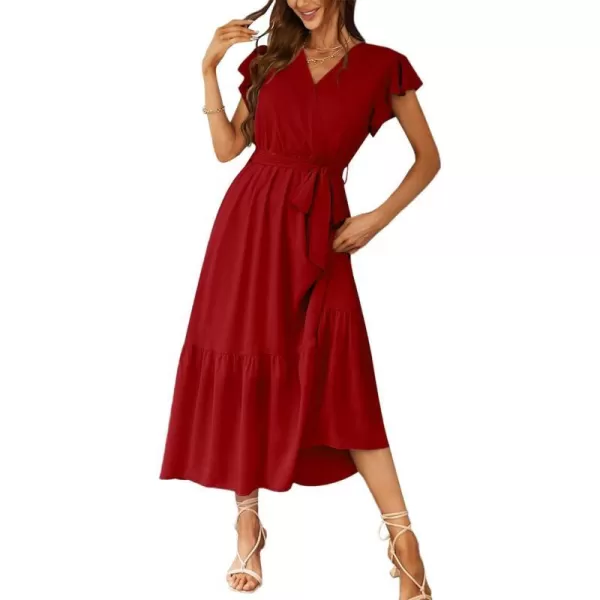 imagePRETTYGARDEN Womens 2023 Floral Boho Dress Wrap V Neck Short Sleeve Belted Ruffle Hem ALine Flowy Maxi DressesSolid Wine Red