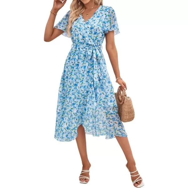imagePRETTYGARDEN Womens 2023 Floral Boho Dress Wrap V Neck Short Sleeve Belted Ruffle Hem ALine Flowy Maxi DressesWhite Blue Floral