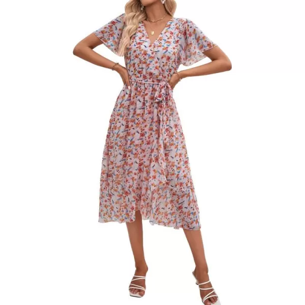 imagePRETTYGARDEN Womens 2023 Floral Boho Dress Wrap V Neck Short Sleeve Belted Ruffle Hem ALine Flowy Maxi DressesWhite Orange Floral