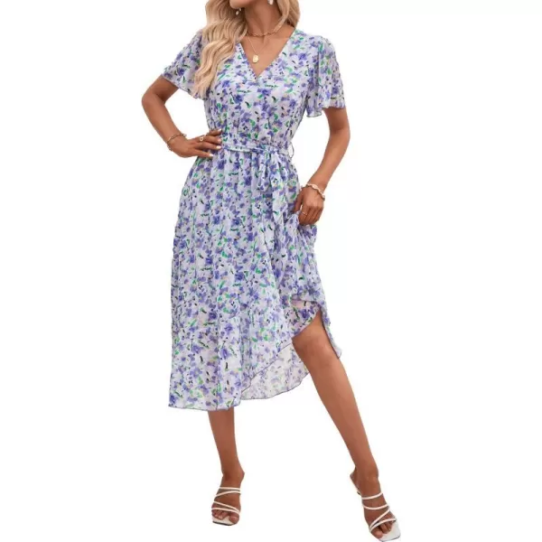 imagePRETTYGARDEN Womens 2023 Floral Boho Dress Wrap V Neck Short Sleeve Belted Ruffle Hem ALine Flowy Maxi DressesWhite Purple Floral