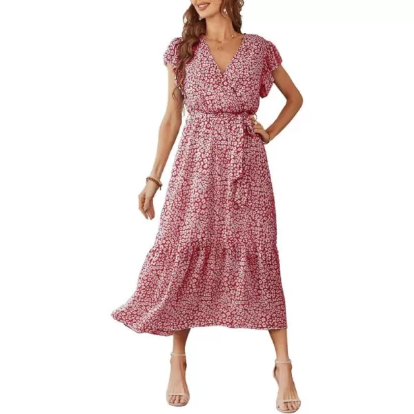 imagePRETTYGARDEN Womens 2023 Floral Boho Dress Wrap V Neck Short Sleeve Belted Ruffle Hem ALine Flowy Maxi DressesWine Red