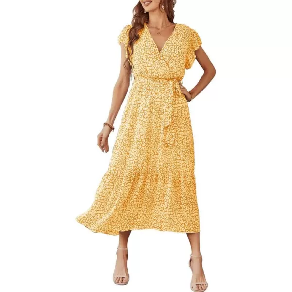 imagePRETTYGARDEN Womens 2023 Floral Boho Dress Wrap V Neck Short Sleeve Belted Ruffle Hem ALine Flowy Maxi DressesYellow