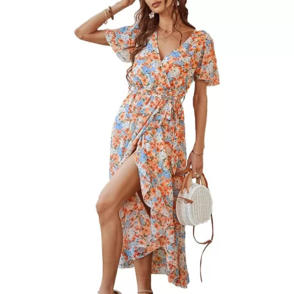 imagePRETTYGARDEN Womens 2023 Floral Boho Dress Wrap V Neck Short Sleeve Belted Ruffle Hem ALine Flowy Maxi DressesYellow Floral