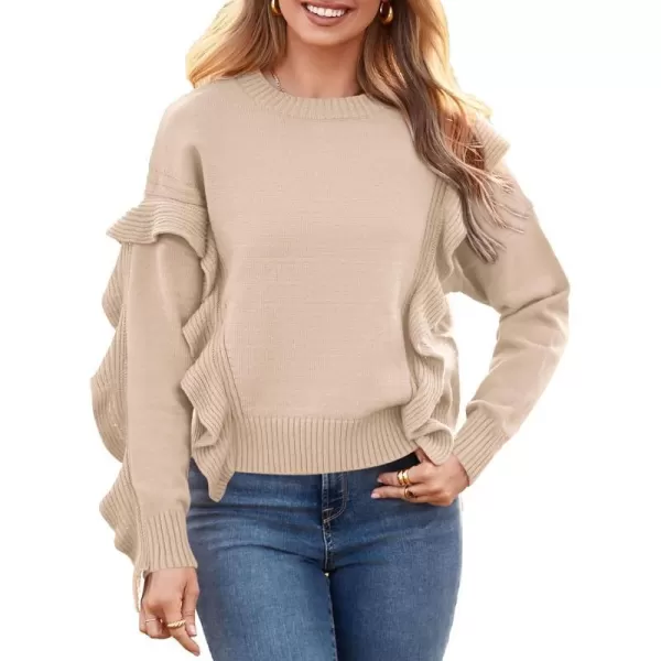 imagePRETTYGARDEN Womens 2023 Knit Pullover Sweaters Long Sleeve Crewneck Ruffle Loose Jumper Tops BlousesBeige