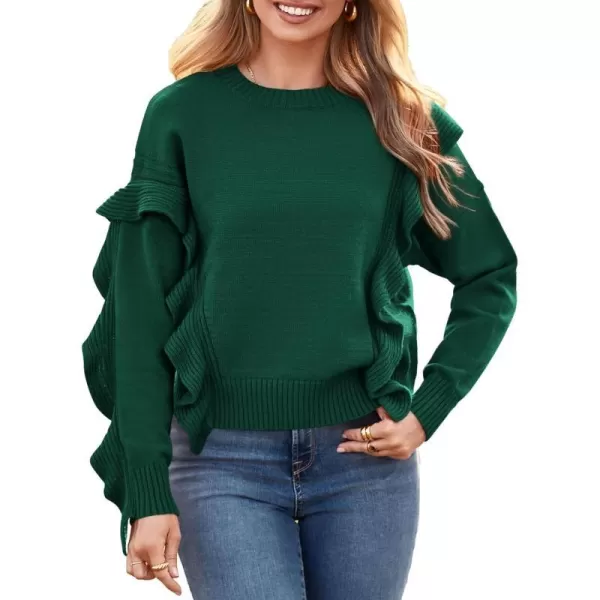 imagePRETTYGARDEN Womens 2023 Knit Pullover Sweaters Long Sleeve Crewneck Ruffle Loose Jumper Tops BlousesGreen