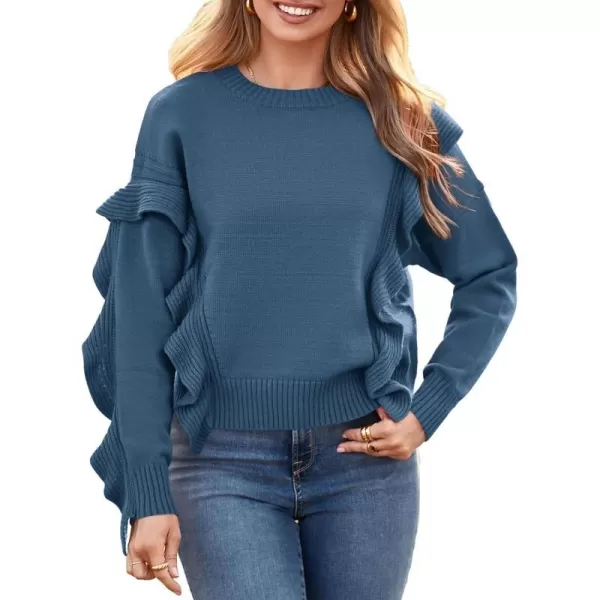 imagePRETTYGARDEN Womens 2023 Knit Pullover Sweaters Long Sleeve Crewneck Ruffle Loose Jumper Tops BlousesGrey Blue