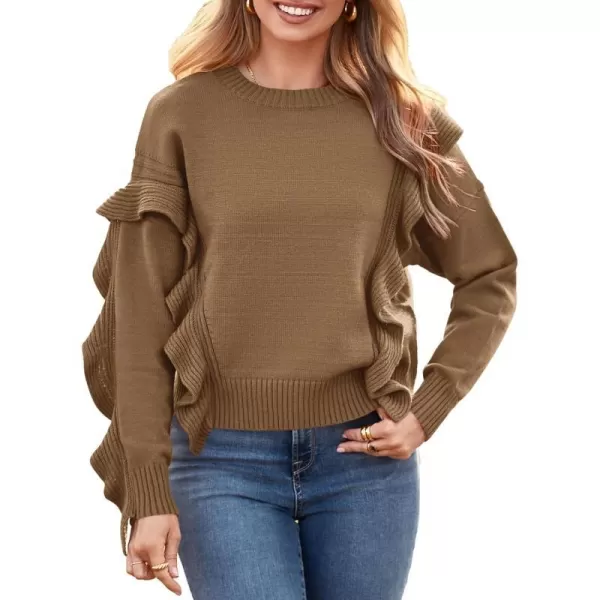 imagePRETTYGARDEN Womens 2023 Knit Pullover Sweaters Long Sleeve Crewneck Ruffle Loose Jumper Tops BlousesKhaki