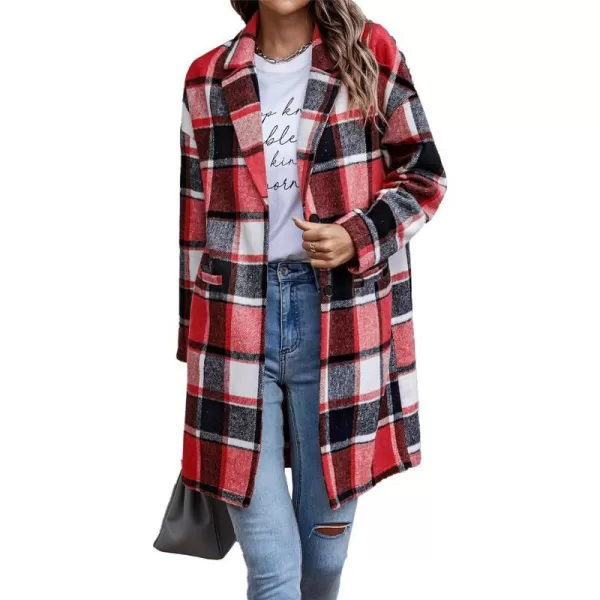 imagePRETTYGARDEN Womens 2023 Plaid Shacket Jacket Casual Button Wool Blend Winter Tartan Trench Coat With PocketsBrilliant Red