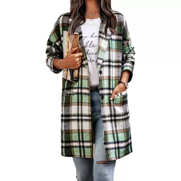 imagePRETTYGARDEN Womens 2023 Plaid Shacket Jacket Casual Button Wool Blend Winter Tartan Trench Coat With PocketsGreen