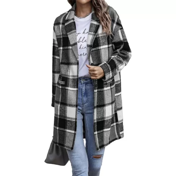 imagePRETTYGARDEN Womens 2023 Plaid Shacket Jacket Casual Button Wool Blend Winter Tartan Trench Coat With PocketsGrey