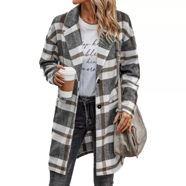 imagePRETTYGARDEN Womens 2023 Plaid Shacket Jacket Casual Button Wool Blend Winter Tartan Trench Coat With PocketsGrey White