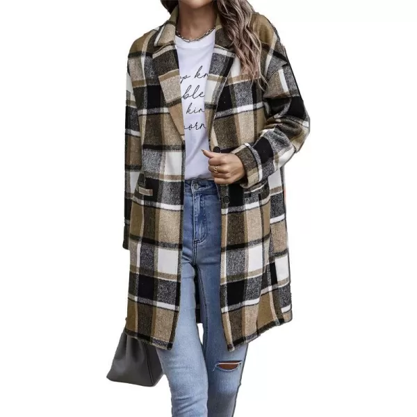 imagePRETTYGARDEN Womens 2023 Plaid Shacket Jacket Casual Button Wool Blend Winter Tartan Trench Coat With PocketsKhaki