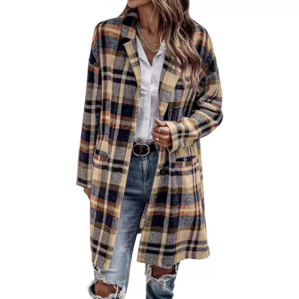 imagePRETTYGARDEN Womens 2023 Plaid Shacket Jacket Casual Button Wool Blend Winter Tartan Trench Coat With PocketsNavy