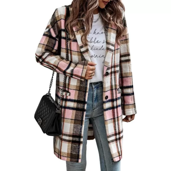 imagePRETTYGARDEN Womens 2023 Plaid Shacket Jacket Casual Button Wool Blend Winter Tartan Trench Coat With PocketsPink