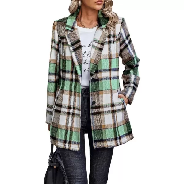 imagePRETTYGARDEN Womens 2023 Plaid Shacket Jacket Casual Button Wool Blend Winter Tartan Trench Coat With PocketsShort Style Green