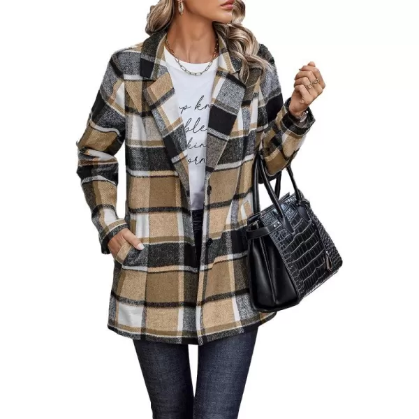 imagePRETTYGARDEN Womens 2023 Plaid Shacket Jacket Casual Button Wool Blend Winter Tartan Trench Coat With PocketsShort Style Khaki
