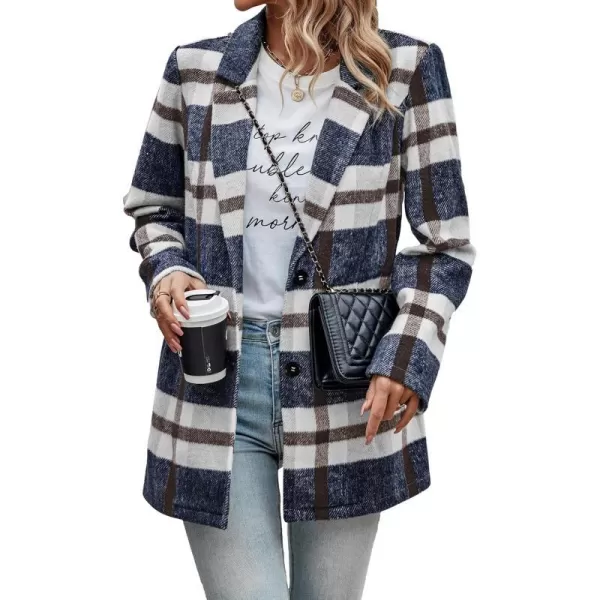 imagePRETTYGARDEN Womens 2023 Plaid Shacket Jacket Casual Button Wool Blend Winter Tartan Trench Coat With PocketsShort Style Navy Plaid