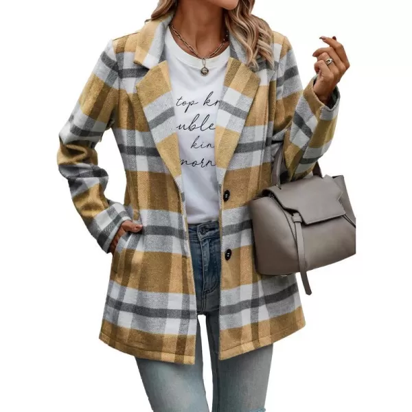 imagePRETTYGARDEN Womens 2023 Plaid Shacket Jacket Casual Button Wool Blend Winter Tartan Trench Coat With PocketsShort Style Yellow Plaid