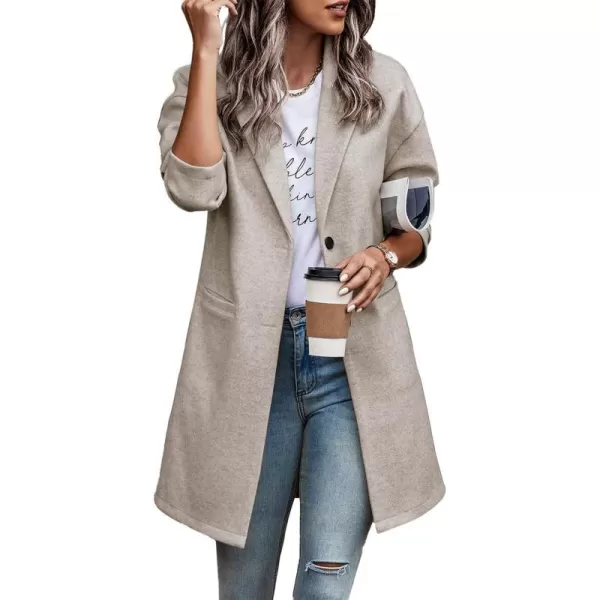 imagePRETTYGARDEN Womens 2023 Plaid Shacket Jacket Casual Button Wool Blend Winter Tartan Trench Coat With PocketsSolid Apricot