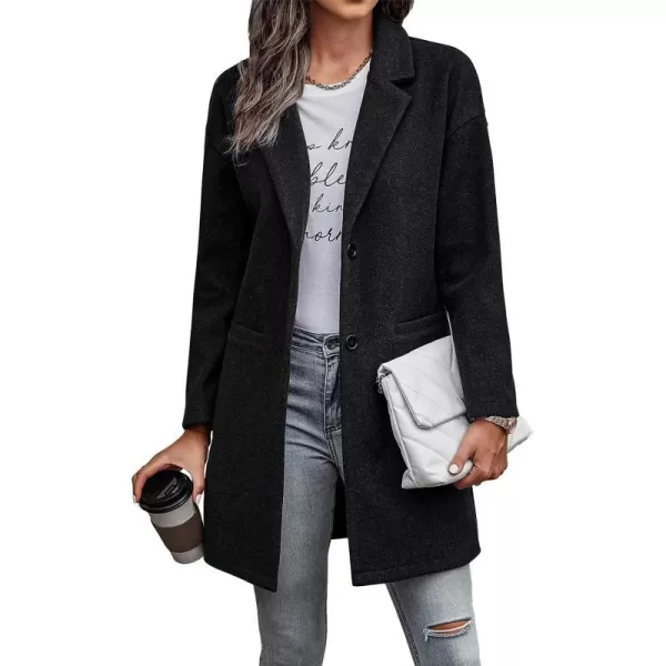 imagePRETTYGARDEN Womens 2023 Plaid Shacket Jacket Casual Button Wool Blend Winter Tartan Trench Coat With PocketsSolid Black