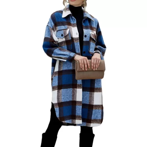 imagePRETTYGARDEN Womens 2023 Plaid Shacket Jacket Long Sleeve Button Down Shirts Fashion Winter Wool CoatsDark Blue