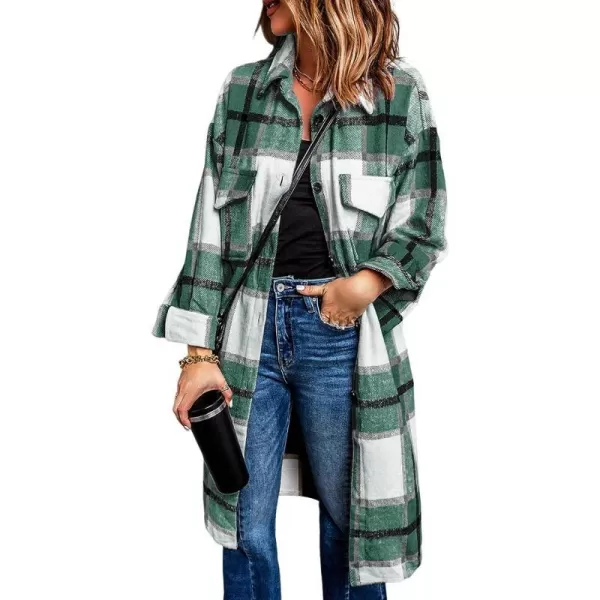 imagePRETTYGARDEN Womens 2023 Plaid Shacket Jacket Long Sleeve Button Down Shirts Fashion Winter Wool CoatsGreen