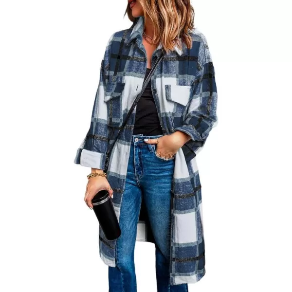 imagePRETTYGARDEN Womens 2023 Plaid Shacket Jacket Long Sleeve Button Down Shirts Fashion Winter Wool CoatsNavy