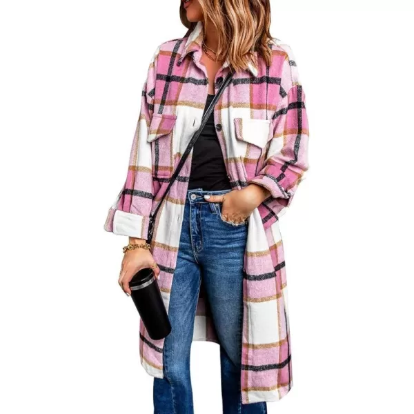 imagePRETTYGARDEN Womens 2023 Plaid Shacket Jacket Long Sleeve Button Down Shirts Fashion Winter Wool CoatsPink