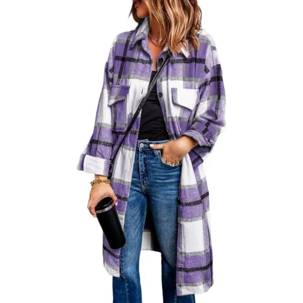 imagePRETTYGARDEN Womens 2023 Plaid Shacket Jacket Long Sleeve Button Down Shirts Fashion Winter Wool CoatsPurple