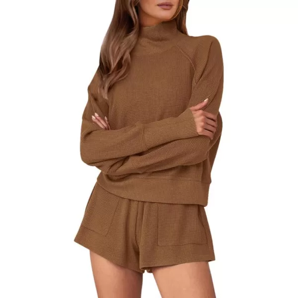 imagePRETTYGARDEN Womens 2023 Ribbed Knit Lounge Set 2 Piece Outfits Long Sleeve Tops and Shorts Fall Loungewear Sets with PocketsCoffee