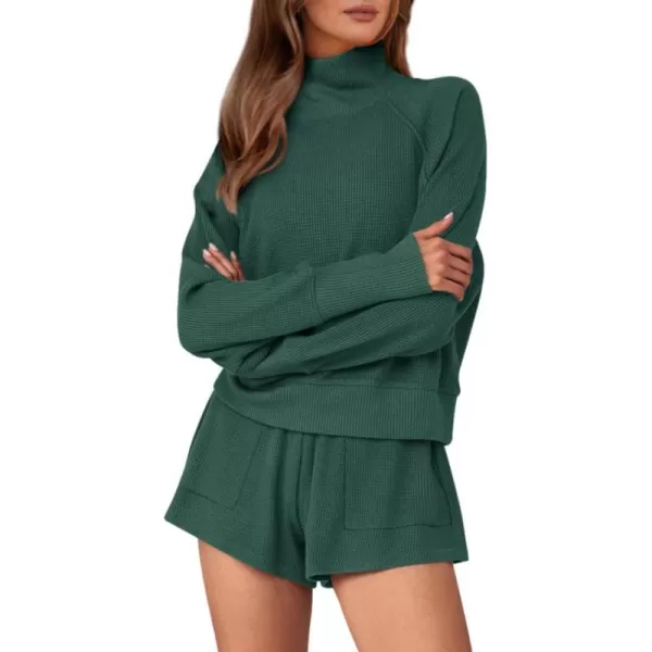 imagePRETTYGARDEN Womens 2023 Ribbed Knit Lounge Set 2 Piece Outfits Long Sleeve Tops and Shorts Fall Loungewear Sets with PocketsDark Green