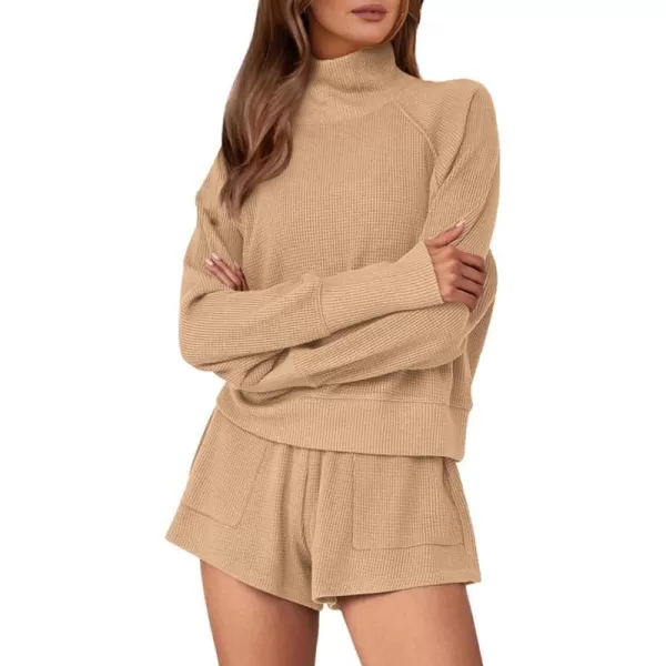 imagePRETTYGARDEN Womens 2023 Ribbed Knit Lounge Set 2 Piece Outfits Long Sleeve Tops and Shorts Fall Loungewear Sets with PocketsLight Khaki