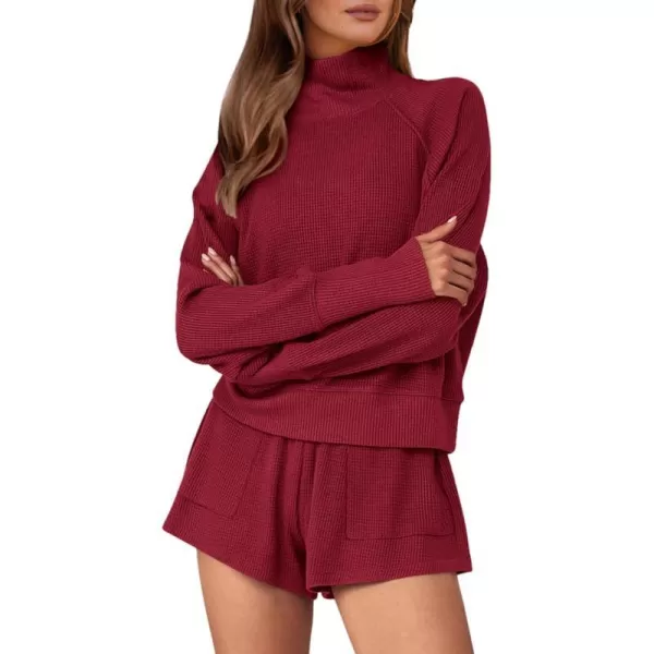 imagePRETTYGARDEN Womens 2023 Ribbed Knit Lounge Set 2 Piece Outfits Long Sleeve Tops and Shorts Fall Loungewear Sets with PocketsWine Red