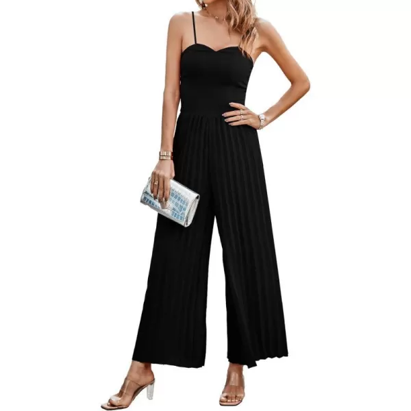 imagePRETTYGARDEN Womens 2023 Sleeveless Jumpsuit Elegant Sweetheart Neck Pleated Wide Leg Pants RompersBlack